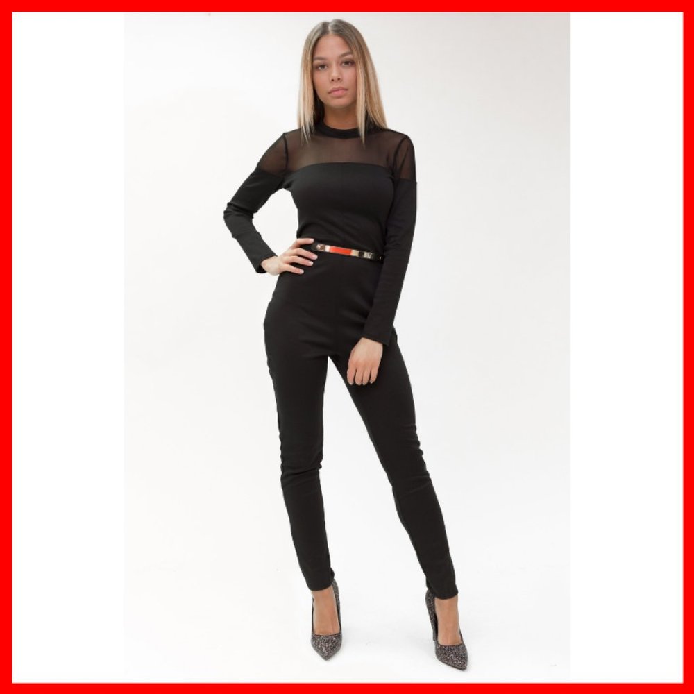 NWT Long Sleeve Jumpsuit with Gold Belt (Black)